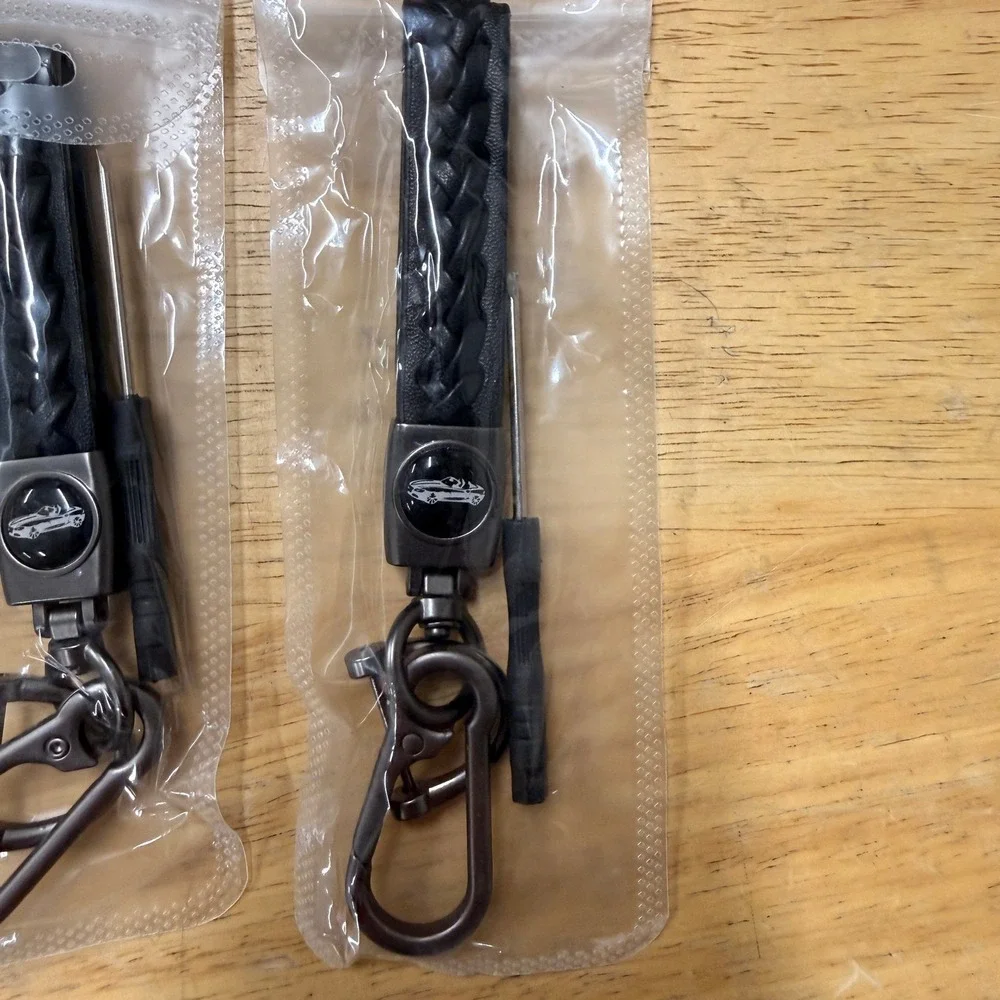 Set of 2 Black‎ Braided Faux Leather Anti-Lost Car Keychain Set Key Ring Lanyar